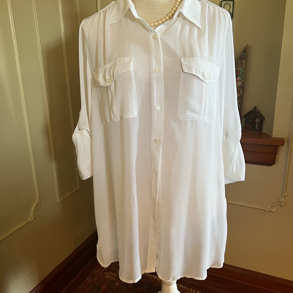 DKNYC White Sheer Button Front blouse.